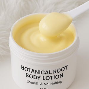 May include: A white tub of Botanical Root Body Lotion with a pale yellow, creamy consistency. A white spoon holds the lotion, highlighting its smooth and nourishing properties. The tub contains 100 g of product.