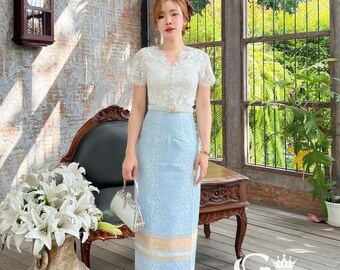 Thai Silk Shirt and Skirt Set, Songkran Outfit