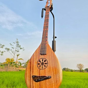 Puede incluir: Un instrumento de cuerda de madera con un clavijero decorativo tallado. El instrumento tiene un cuerpo en forma de lágrima con una boca y un diapasón con detalles rojos. Se exhibe sobre un soporte negro contra un fondo de campos verdes y cielo azul.