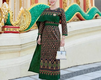 Vestido tailandés con faja / Vestido tradicional tailandés con Sabai / Elegante vestido de algodón / Atuendo formal y cultural