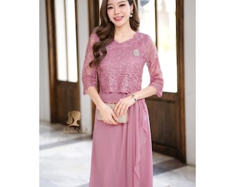 Elegante vestido de dos piezas de encaje y gasa / Vestido formal de fiesta para mujer / Vestido para invitada de boda / Vestido de talla grande para ocasiones especiales