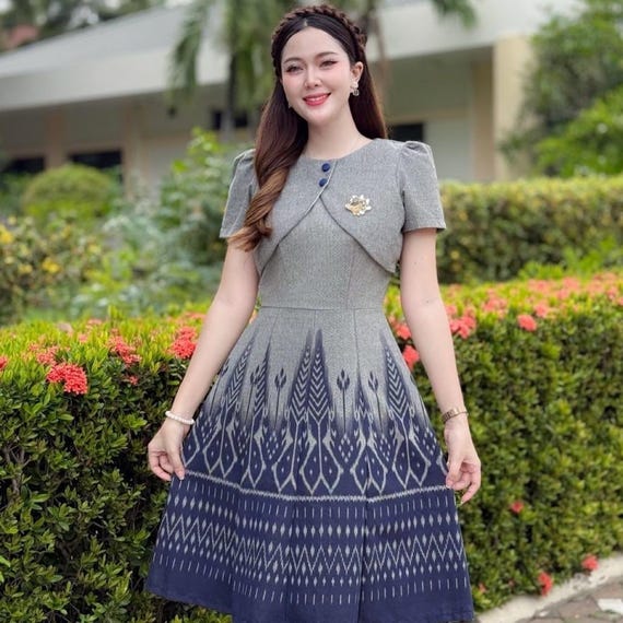 thai cotton dress Handmade Thai Cotton Dress: Gray Indigo Print Vest Dress (M–2XL)