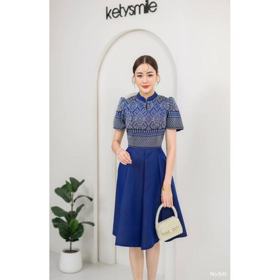 thai cotton dress Thai Cotton Printed Dress Chinese Collar Full Inner Lining Soft & Comfortable