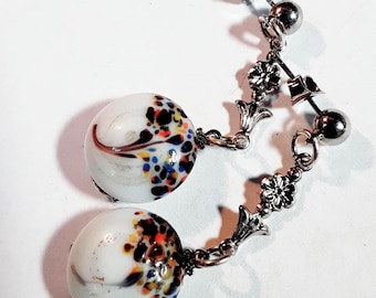 Japanese Handmade Swirled Vintage Glass Cabochon Stud Flower Earrings