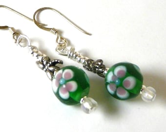 Dragonfly Green Round Lampwork Bead with Pink and Blue Flowers Dangle Hook Earrings