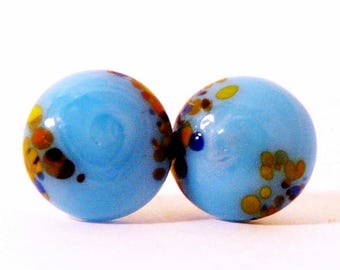 14k Gold Filled 10mm Vintage Turquoise Blue Speckled Handmade Unique Stud Earrings