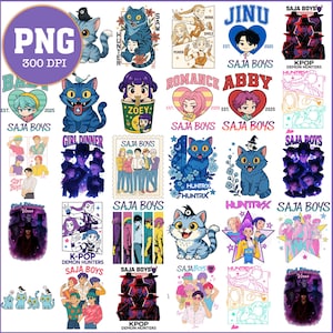 May include: A collection of colorful digital stickers featuring various designs. The stickers include cartoon cats, anime-style characters, and text such as "SAJA BOYS", "HUNTRX", and "GIRL DINNER". The designs are in a variety of colors, including blue, pink, and purple.