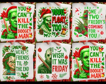 May include: White tote bags with horror movie character graphics, including Michael Myers, Freddy Krueger, and Chucky, wearing Santa hats. Text includes "You Can't Kill The Boogey Man" and "We're Friends 'Til The End."