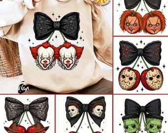 May include: A beige sweatshirt featuring a graphic of two clown faces with red hair and white makeup, connected by green stems to a black bow. Additional images show similar designs with horror movie characters.
