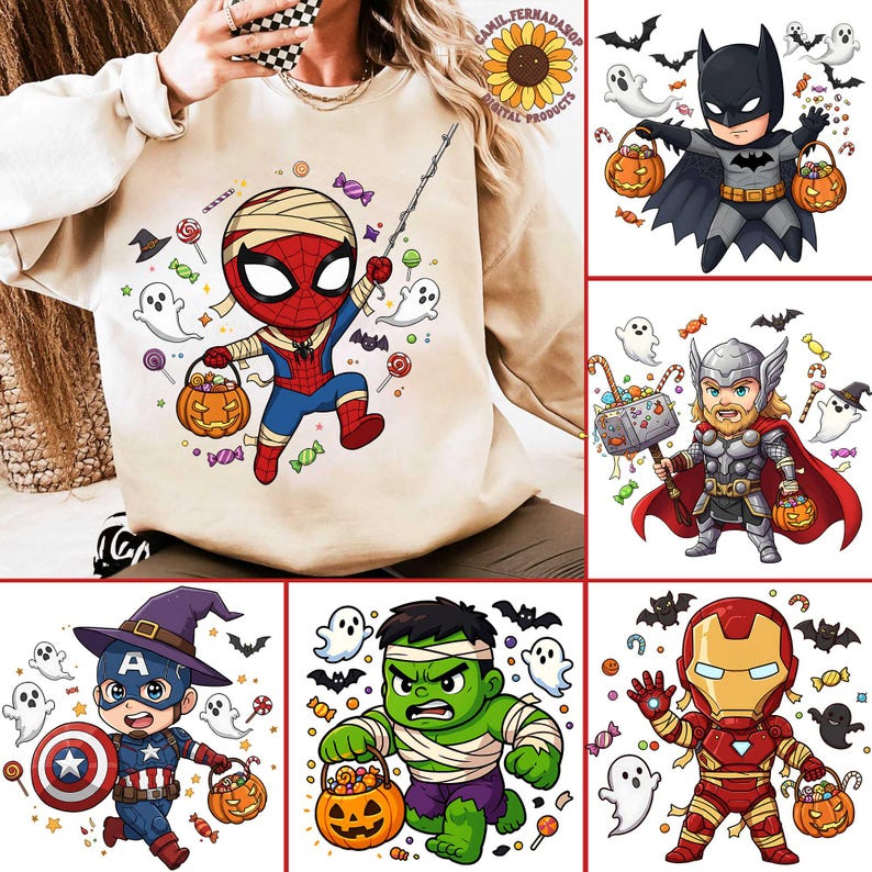 May include: Beige sweatshirt featuring Halloween-themed superhero graphics. The designs include Spider-Man, Batman, Thor, Captain America, Hulk, and Iron Man, each holding a pumpkin basket. Candy, ghosts, and bats surround the characters.