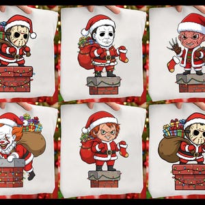 May include: Six white tote bags each feature a different cartoon character dressed as Santa Claus. The characters include Jason Voorhees, Michael Myers, Freddy Krueger, Pennywise, Chucky, and another Jason Voorhees. Each character stands on a brick chimney.