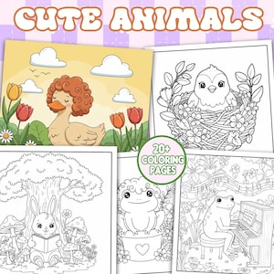 Cute Animals Coloring Book 25+ Pages, Baby Animals Coloring For Kids, Printable Coloring Pages, Cozy Animals For Kids, Floral Animals Color