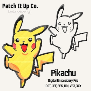 Puede incluir: Archivo de bordado digital con dos diseños de Pikachu. Uno es amarillo con detalles en negro, el otro un contorno negro. También está presente el texto "Pikachu" y "Archivo de bordado digital".