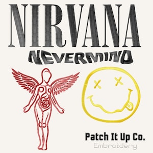 May include: Embroidered design with the band name "NIRVANA" above "NEVERMIND", a red angel figure, and a yellow smiley face with crossed-out eyes and a tongue. The design also includes the text "Patch It Up Co. Embroidery".