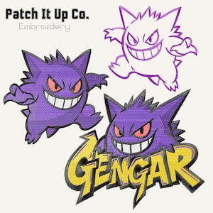 May include: Embroidered patches featuring the Pokémon Gengar in various designs. One patch shows Gengar in purple with a menacing grin and red eyes. Another is an outline, and the third has the name "GENGAR" in yellow.