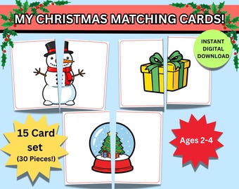 Juego de memoria navideño, rompecabezas de 2 piezas para niños pequeños, juego de 15 tarjetas, actividad preescolar, descarga digital instantánea