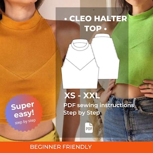 Puede incluir: Top halter mostaza con cuello alto. La imagen incluye un diagrama de patrón y el texto "CLEO HALTER TOP" y "XS - XXL". Una pegatina dice "¡Súper fácil! paso a paso". La parte inferior de la imagen dice "PRINCIPIANTE AMIGABLE".