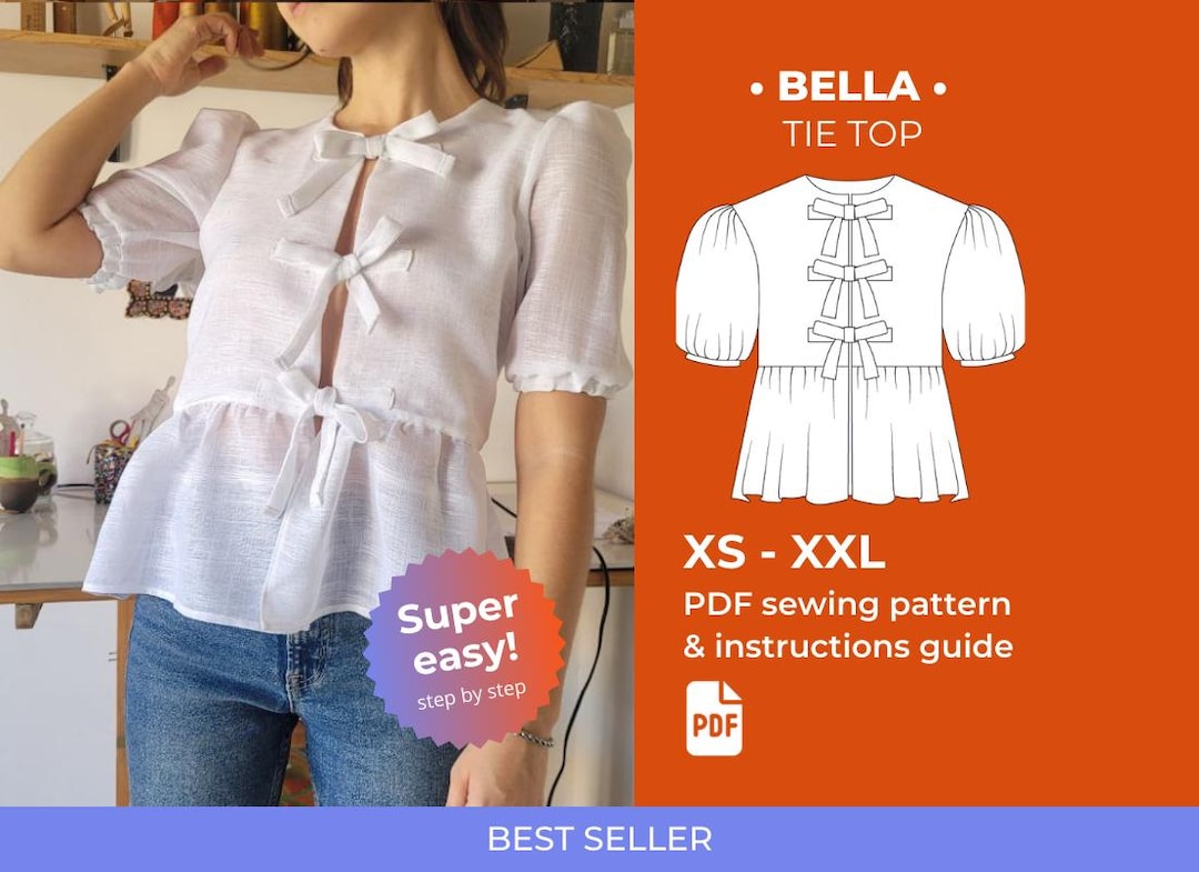 Tie Top Puffed Sleeves PDF Sewing Pattern | Ganni Top Inspired | Bow ...