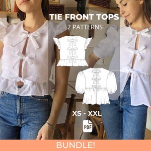 Puede incluir: Tops blancos con lazo frontal con detalles de lazo, mostrados en un modelo que lleva vaqueros azules. La imagen incluye un diagrama de la parte superior y el texto "TIE FRONT TOPS 2 PATTERNS XS - XXL PDF BUNDLE!"