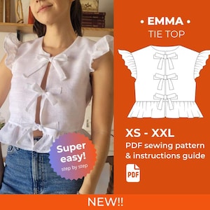 Puede incluir: Top blanco con lazos, mangas con volantes y detalles de lazo. La imagen incluye un diagrama del top y el texto "EMMA TIE TOP" y "XS - XXL". También se ve el texto "Super easy!"