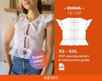 Front Tie Top + Ruffle Sleeve PDF sewing pattern | Front Bow Blouse | Begginer Sewing | Spring Summer Top sewing pattern | Tie Up Blouse