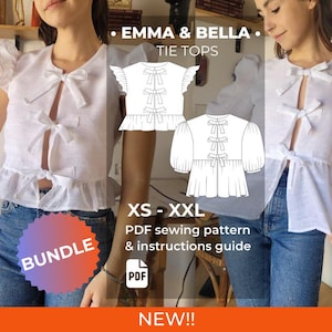 BUNDLE - TIE TOPS Sewing Pattern | Puffed Sleeves & Ruffle Sleeves | 100% For Beginners | Tie Front Blouse | Bow Front Top | A4-A0-Letter