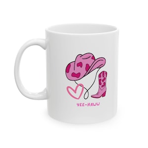 Yee-Haww Cowgirl Mug | Pink Western Coffee Cup | Coquette Cowgirl Aesthetic Gift | Cute Rodeo Country Boot & Hat Design
