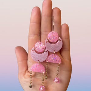 Large Pink Statement Earrings, Glitter Pink Drop Dangle Earrings, Unique Earring Designs, Resin Jewellery, Handmade Accessories, Cute Fun