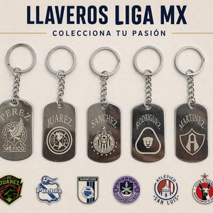May include: Silver keychains featuring team logos and player names from the Liga MX soccer league. The keychains have a dog tag design with names like Perez, Juarez, Sanchez, Rodriguez, and Martinez. The image also displays team logos.