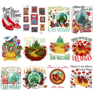 Könnte beinhalten: Eine Sammlung farbenfroher Grafikdesigns mit Elementen aus Der Zauberer von Oz. Designs umfassen rote Schuhe, die Smaragdstadt und den Satz "There's no place like home".