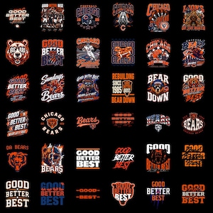 Puede incluir: Una colección de treinta y cinco diseños gráficos con temas de fútbol de los Chicago Bears, que incluyen ilustraciones de osos, imágenes de fútbol y las frases de texto Good Better Best, Chicago y Bear Down, sobre un fondo negro sólido.