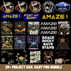 Puede incluir: Una colección de gráficos digitales con temática espacial, que presenta varios diseños con las palabras "AMAZE!" y "ROCKY". Los gráficos incluyen ilustraciones de criaturas alienígenas, naves espaciales y elementos de texto. También está presente la frase "20+ PROJECT HAIL MARY PNG BUNDLE".