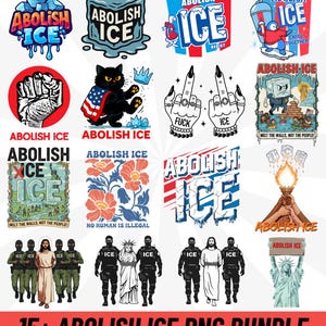 Może przedstawiać: Kolekcja grafik cyfrowych z tekstem "Abolish ICE" w różnych wzorach. Obrazy zawierają ilustracje pięści, kota, dłoni i innych symboli. Fraza "No Human is Illegal" jest również obecna. Na dole obrazu widnieje napis "15+ Abolish ICE PNG BUNDLE".