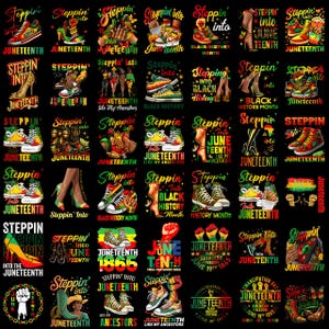 Può includere: Un collage di grafiche su sfondo nero, che celebra il Juneteenth e il Black History Month. I disegni presentano sneakers, tacchi alti e testo come "Steppin' into Juneteenth" e "Black History Month."