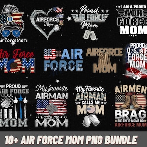 May include: A collection of digital designs with patriotic themes, including text and graphics. The designs feature phrases like "Air Force Mom," military dog tags, and the American flag. The designs are in red, white, and blue.