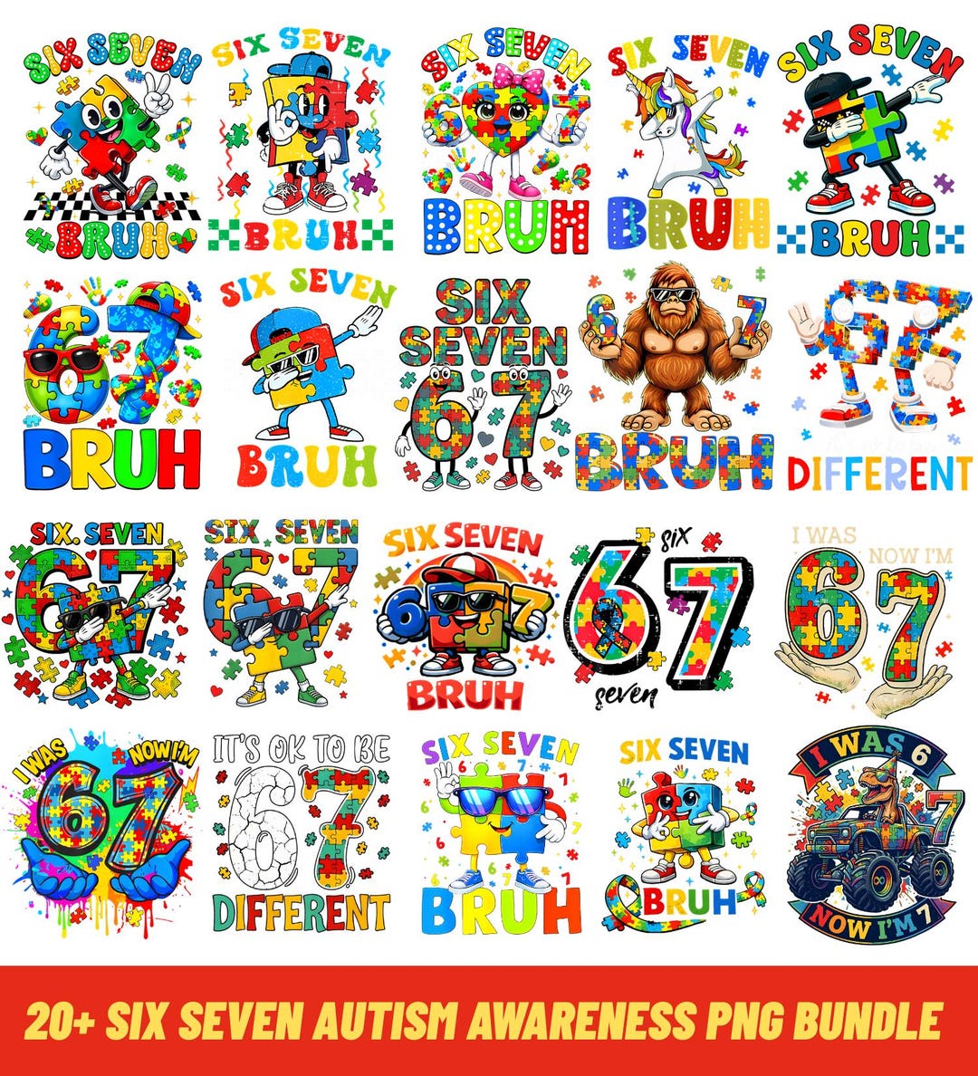 Six Seven Bruh 67 Autism Puzzle Bundle PNG, Autism Awareness Png, Six ...
