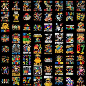 May include: A collection of colorful graphic designs featuring the words "Master Builder" and other phrases, along with images of dinosaurs, unicorns, and building blocks. The designs are printed on various items.