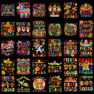 May include: A collection of colorful Fiesta-themed designs on a black background. The designs include sombreros, guitars, cacti, and the words "Fiesta Squad" and "Let's Fiesta" in various fonts and colors. Some designs feature unicorns, skeletons, and other festive elements.