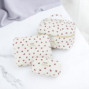 Trousse de toilette matelassée cerise en coton, organiseur d'articles de toilette de voyage, pochette à cosmétiques portable