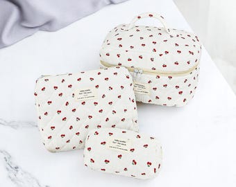 Cherry Quilted Makeup Bag Cotton Travel Toiletry Organizer Portable Cosmetic Pouch