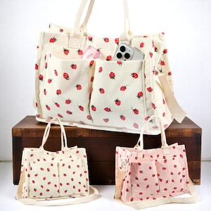 Tote Bag Niedliche Erdbeere Patch Geldbörse Stoff Große Kapazität Verstellbare Schultertasche für Frauen