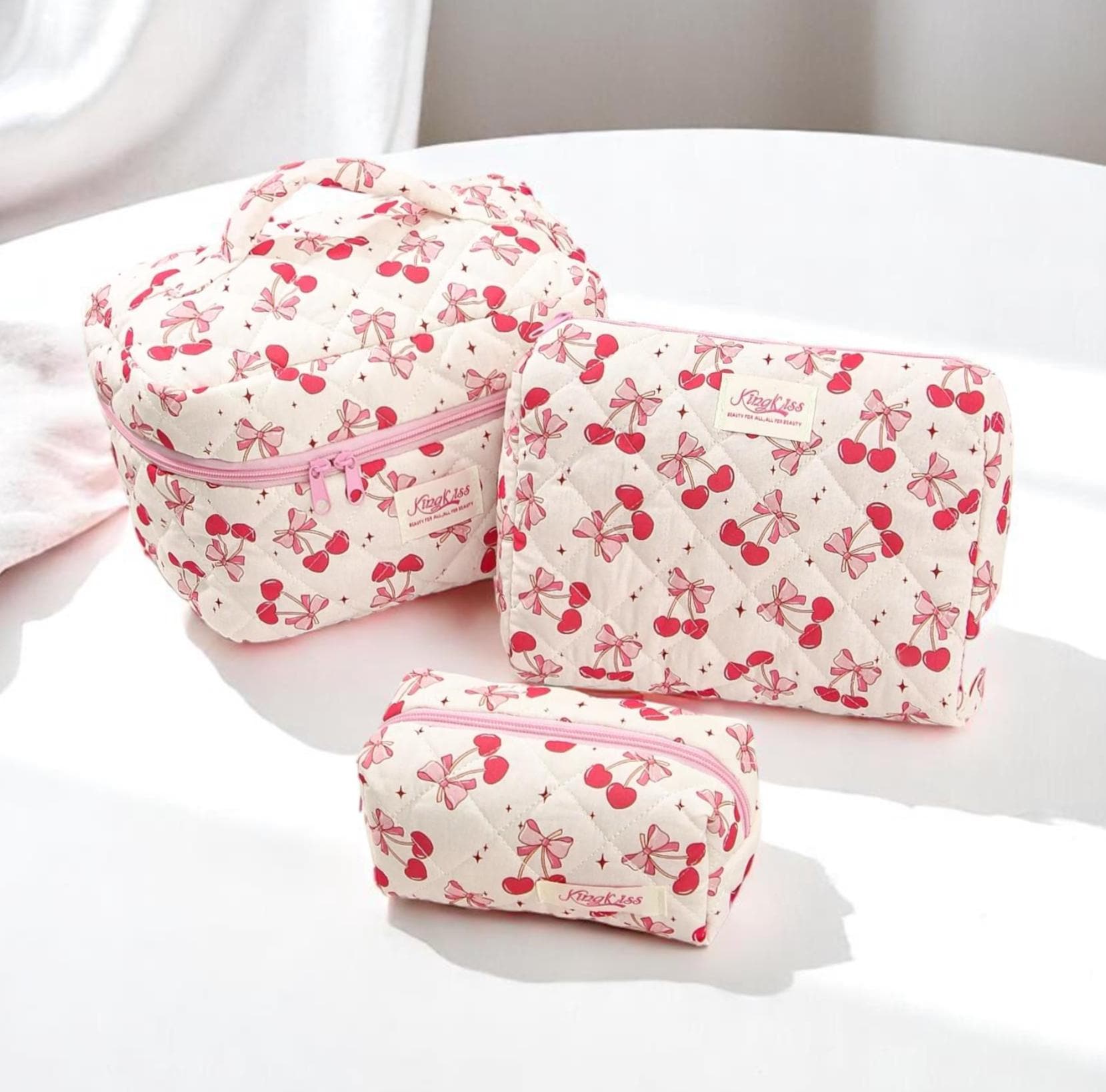 Cherry and Bow Makeup Bag Set Cosmetic Organizer Pouch Large Capacity Travel Toiletry Bag