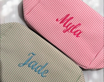 Personalized Seersucker Cosmetic Bag Monogrammed Makeup Bag Embroidered Toiletry Bag for Bridesmaids & Wedding Gifts