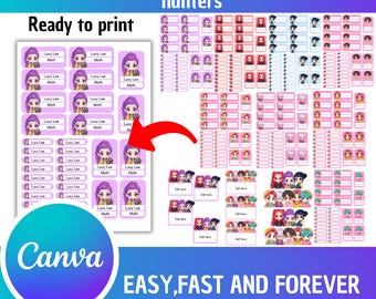 Bundle Printable School Labels kpop demon hunters huntrix saja boys etiqueta escolar 34 per Sheet 4 Different Designs+more