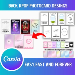 以下が含まれることがあります： 様々なスタイルのKpopフォトカードのデザインコレクション。チケット風カード、有名人の画像入りカード、ハート柄のカードなど。画像にはCanvaのロゴと「EASY, FAST AND FOREVER」の文字が含まれています。