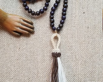 Unisex Brown Beaded Tassel Necklace, Horsehair Tassel Necklace, Cowgirl Cowboy Jewelry, Western Beaded Necklace, Dark Wood Bead Necklace