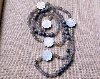 Long Labradorite Knotted Necklace, Layering Labradorite Bead Necklace, Mother of Pearl Bead Necklace, Carved Abalone Flower Bead Necklace