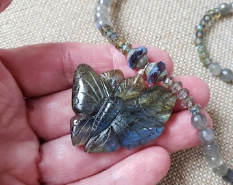 Labradorite Butterfly Necklace, Carved Labradorite Pendant Necklace, Blue Gemstone Jewelry, Yoga Jewelry for Women, Zen Necklace Woman