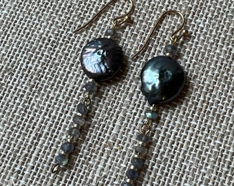 Rainbow Peacock Pearl and Labradorite Drop Earrings, Black Coin Pearl Drop Earrings, MOB Pearl Earrings, Button Pearl Drop Earrings