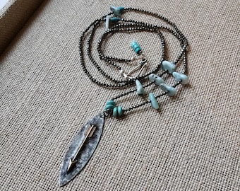 Southwestern Pyrite Double Wrap Choker, Rodeo Choker Necklace, Boho Arrow Pendant Turquoise Choker, Long Pyrite Turquoise Pendant Necklace